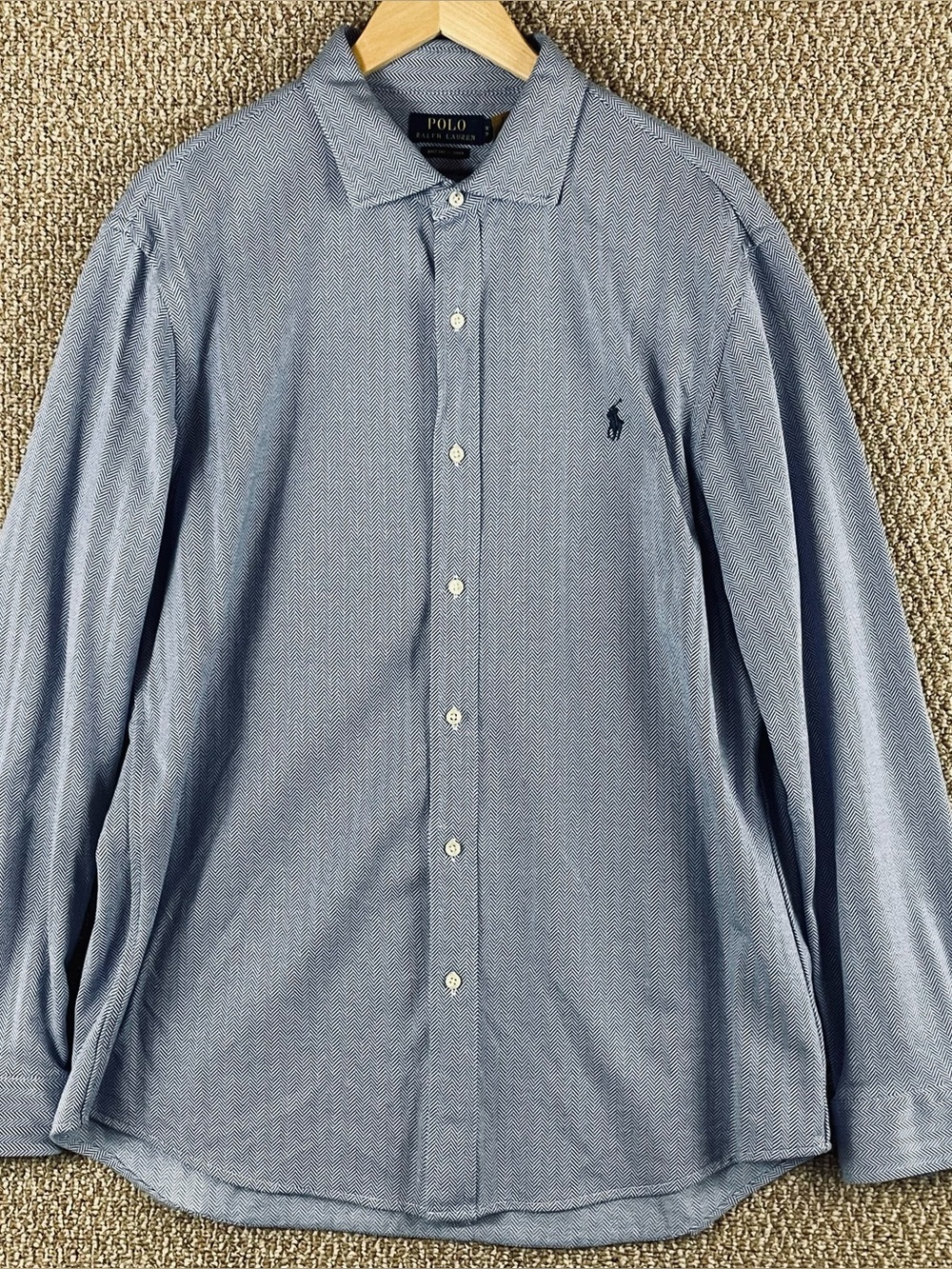 Polo Ralph Lauren Button Mens XL Blue Herringbone Knit Dress Shirt Long Sleeve W